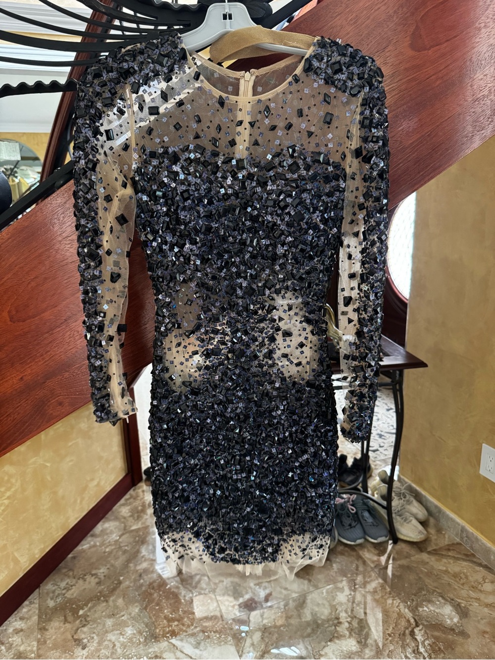 Jovani Black Embellished Long Sleeve Illusion Bodycon Dress